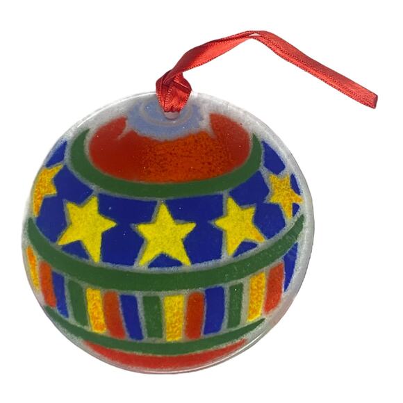 Peggy Karr Christmas Ornament Ball Stars Bars Fused Glass Holiday - Picture 1 of 12